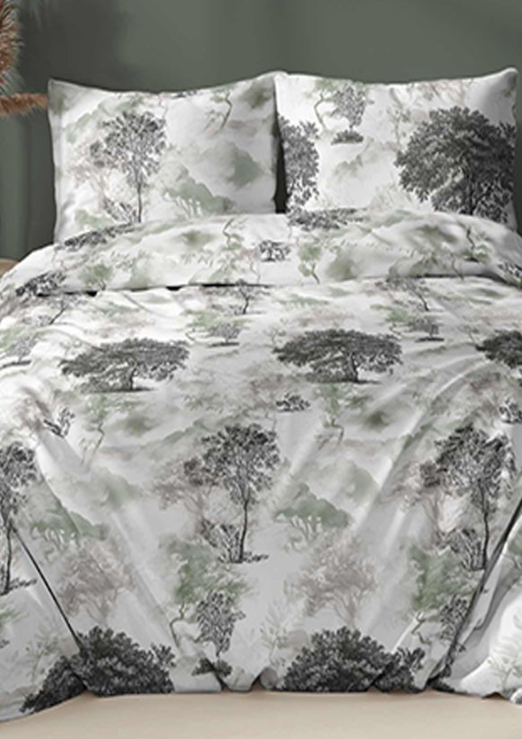 Bavlněné saténové povlečení 140x200 +70x90 - Stromy šedo/zelené 5075B