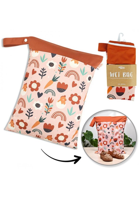 Plážová taška na zip 30x40cm - Květy a duha oranžová do školy