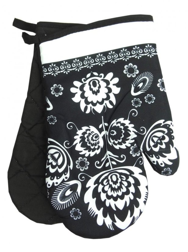 Kuchyňská chňapka s magnetem, rukavice s motivem folk, černá