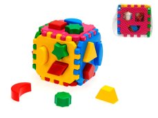 Kostka plastová vkládačka 12cm geometrické tvary 12m+ v síťce