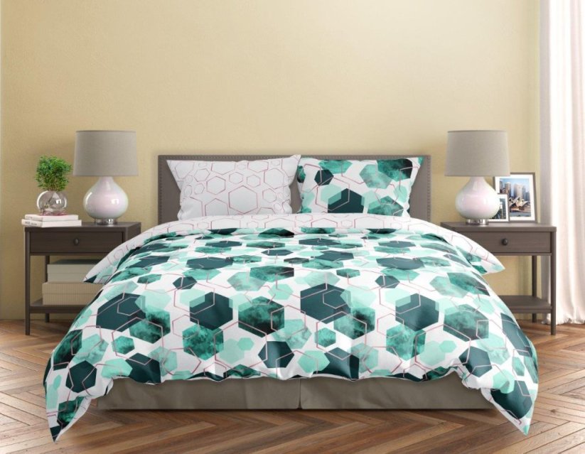 Povlečení satén 140x200 + 70x90 -  Milagro verde geometrické tvary zelené 09 postel