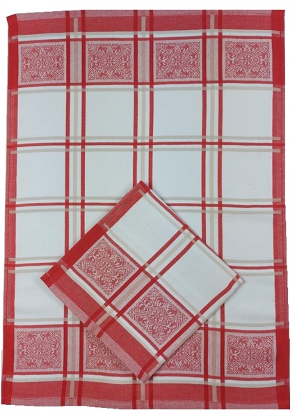 Kuchyňská utěrka s egyptské bavlny 50x70cm - Káro červené/ornament