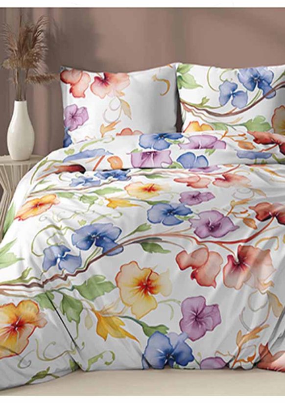 Bavlněné saténové povlečení 140x200 +70x90 - Vodové květy barevné na bílé