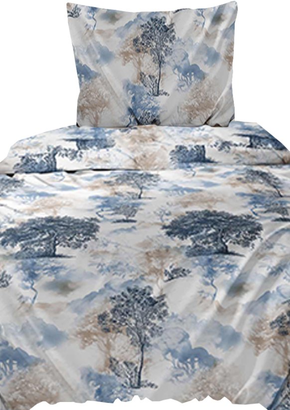 Bavlněné saténové povlečení 140x200 +70x90 - Stromy modro/béžové 5075A na zip