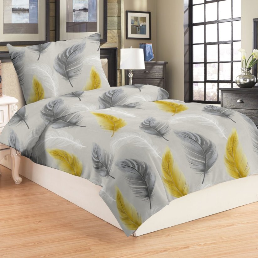 Mikroplyšové povlečení 140x200 + 70x90 - Žlutošedá pírka