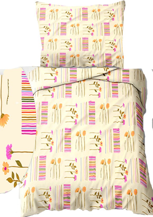 Krepové povlečení 140x200+70x90cm - Květina pruhy na krémovém