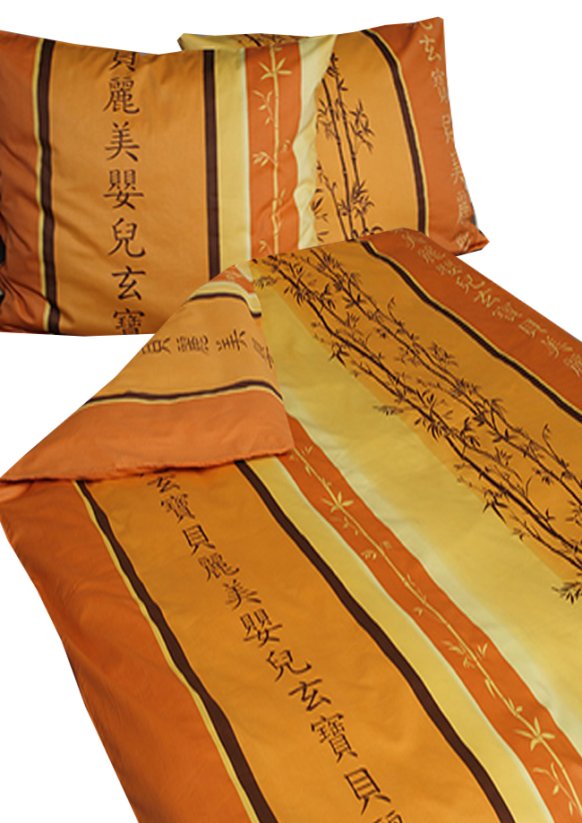 Povlečení satén 140x200+70x90cm brita bambus +čísnké znaky oranžové na zip