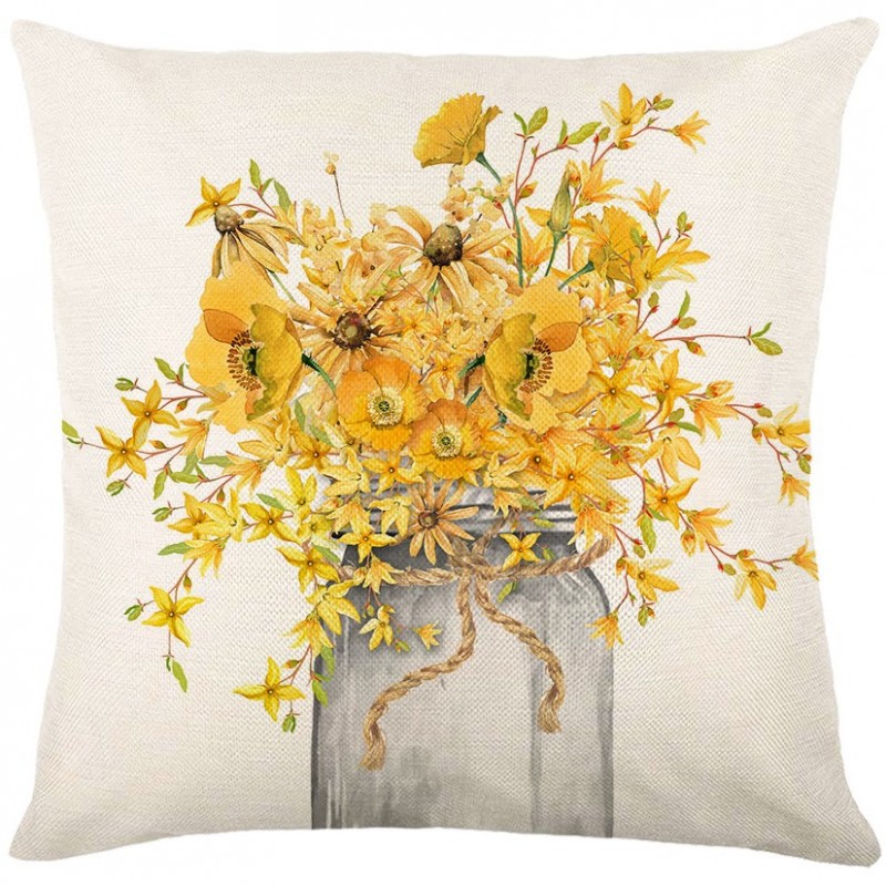 Lněný dekorační povlak 45x45cm - Květy ve váze žluté 237