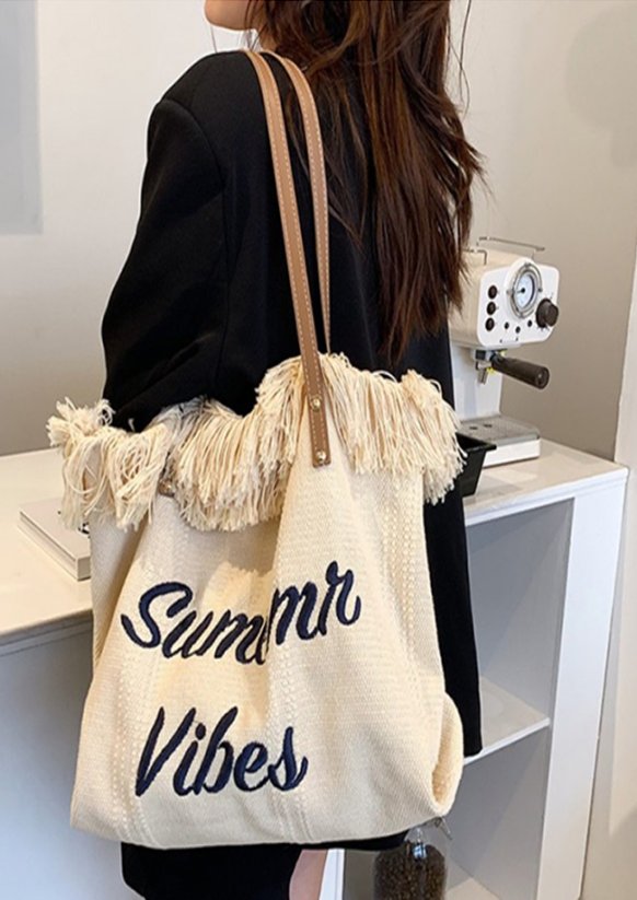 Plážová taška 50x36x14cm - Summer krémová kožené ucha