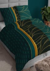 Bavlněné saténové povlečení 140x200 +70x90 - Listy zlaté na tmavě tyrkysovém 4435 B Bavlněné saténové povlečení 140x200 +70x90 - Listy zlaté na tmavě tyrkysovém 4435 B