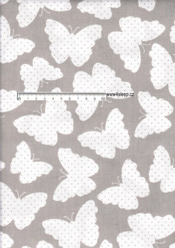 Bavlněná látka s potiskem bílých motýlků na šedé v šíři 160cm
