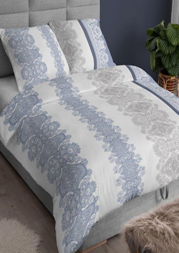 Bavlněné saténové povlečení 140x200 +70x90 - Ornamenty modro/šedé  3559 C