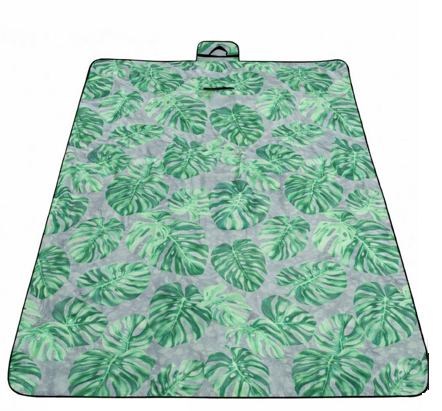 Pikniková deka 200x200cm XXL - listy zelené na šedé s hlinikovou folii