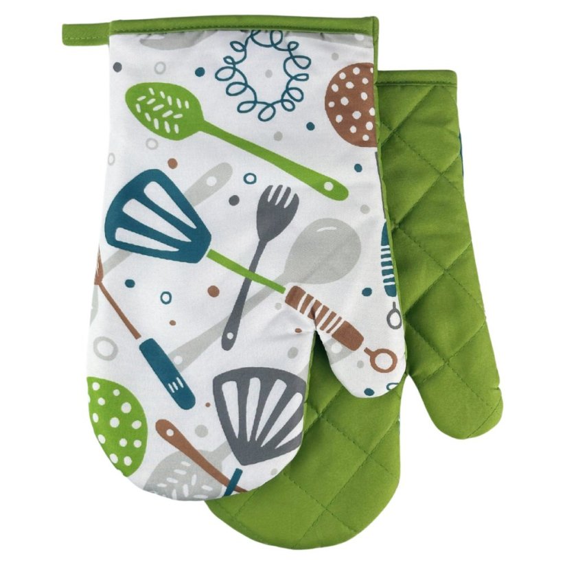 Chňapka kuchyňská /rukavice  s magnetem a poutkem - Příbory zelené