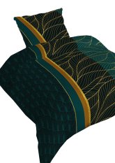 Bavlněné saténové povlečení 140x200 +70x90 - Listy zlaté na tmavě tyrkysovém  4435 B na zi