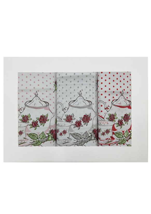 3 dílná sada kuchyňských bavlněných utěrek - Čajový servis růže