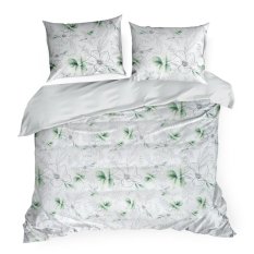 Povlečení bavlněný satén 140x200+70x80cm zelené květiny na bílé
