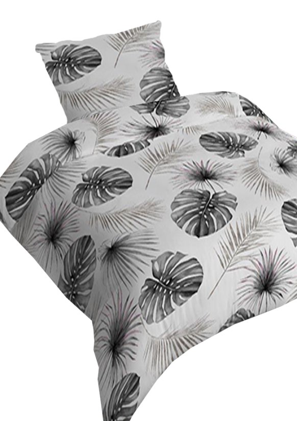 Bavlněné saténové povlečení 140x200 +70x90 - Dracena listy šedé 4436 B na zip