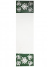 Vánoční ubrus/štola vločky na zelené 40x140cm vyšívané