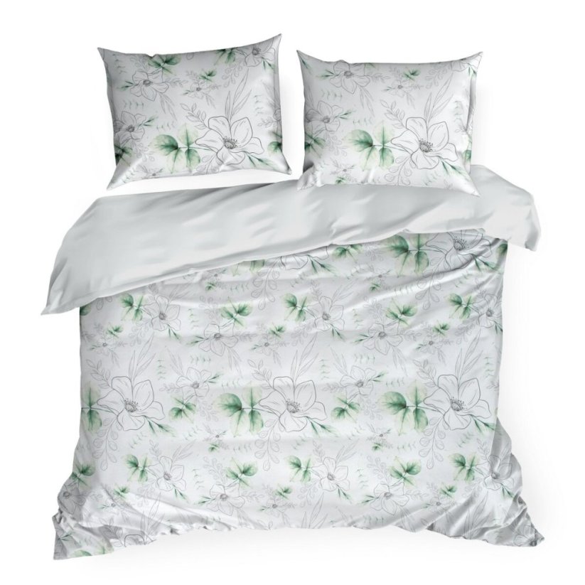 Povlečení bavlněný satén 140x200+70x80cm zelené květiny na bílé