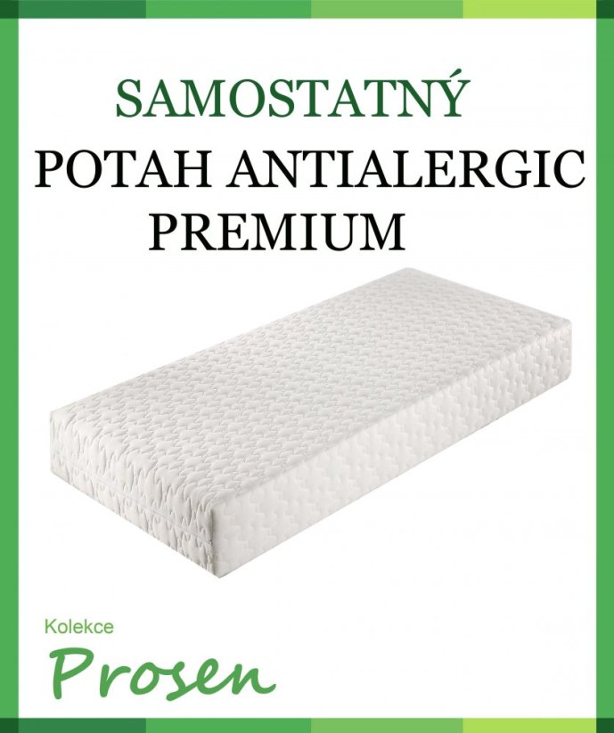Antialergický potah Premium je úplně zbaven jakýchkoli přírodních alergenů rostlinného i živočišného původu. Gramáž 200g/m2,praní na 40°C.
