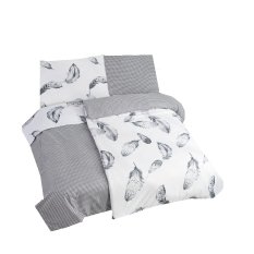 Mikrosaténové povlečení 140x200+70x90cm - Peříčko šedé/bílé na bílém