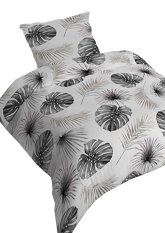 Bavlněné saténové povlečení 140x200 +70x90 - Dracena listy šedé 4436 B na zip