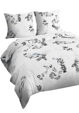 Bavlněné povlečení Lux 140x200+70x90cm - Modrý kvítek a šedé listy na bílém