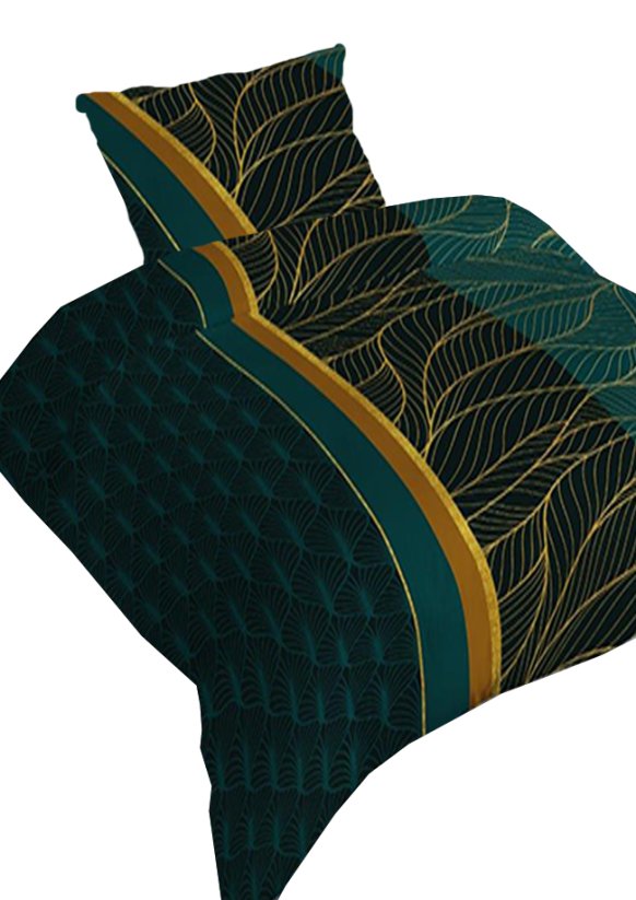 Bavlněné saténové povlečení 140x200 +70x90 - Listy zlaté na tmavě tyrkysovém  4435 B na zi