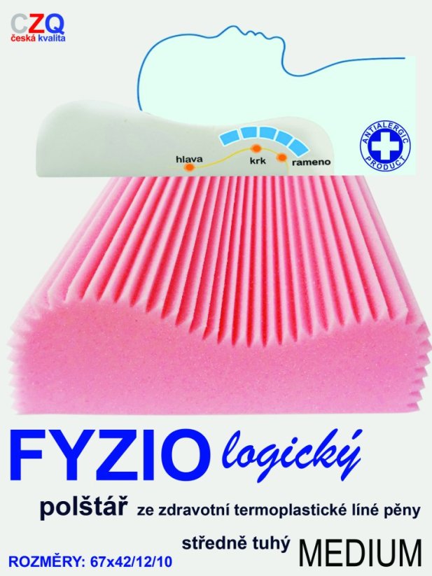 Anatomický polštář 67x42 s výškou 12 a 10cm Fyziologický středně tvrdý