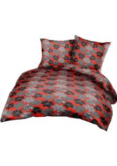 Krepové povlečení na zip 140x200+70x90cm květiny černé na červeném