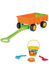 Dětský plastový vozík vlečka na tahání oranžový s sadou do písku 