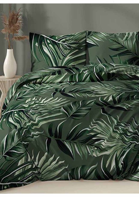 Bavlněné saténové povlečení 140x200 +70x90 - Velké listy zelené