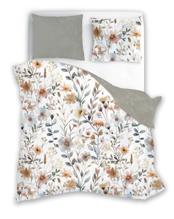 Bavlněné saténové povlečení 140x200+70x90 - Květy latté