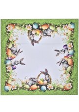 Velikonoční ubrus na stůl s motivem zajíčků, kočíšku s vajíčami. 75x75cm Velikonoční ubrus na stůl s motivem zajíčků, kočíšku s vajíčami. 75x75cm